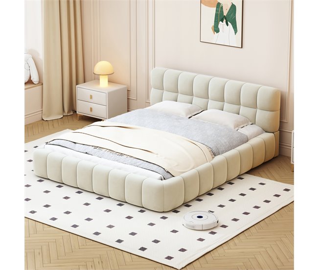 Conforama Cama 140 X 190 Cm Cama Juvenil Cama De Matrimonio Con Respaldo Blando Cama Plana Somier De Láminas Lino Beige