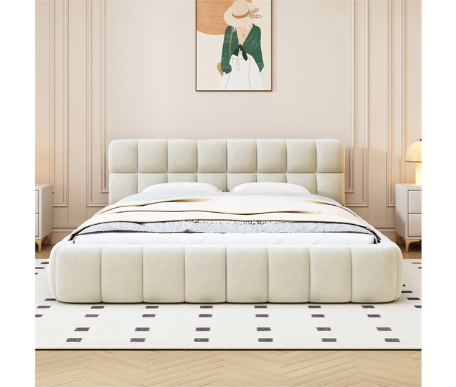Conforama Cama 140 X 190 Cm Cama Juvenil Cama De Matrimonio Con Respaldo Blando Cama Plana Somier De Láminas Lino Beige