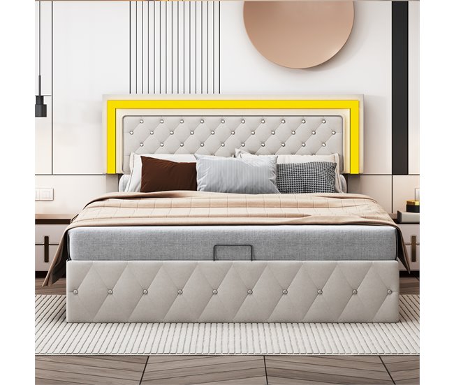 Conforama Cama 140x200 Cm Con LED Y Almacenamiento Cabecero Ajustable Cama Hidráulica Canapé Terciopelo Beige Diseño Moderno Y Práctico