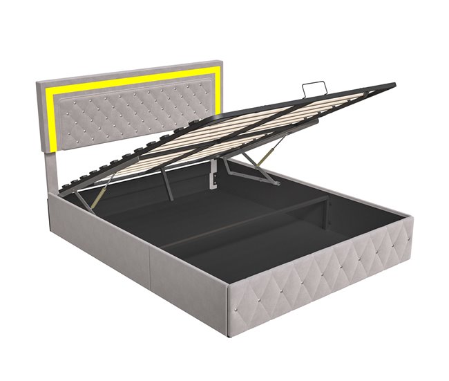 Conforama Cama 140x200 cm con LED y almacenamiento cabecero ajustable cama hidráulica canapé terciopelo beige diseño moderno y práctico