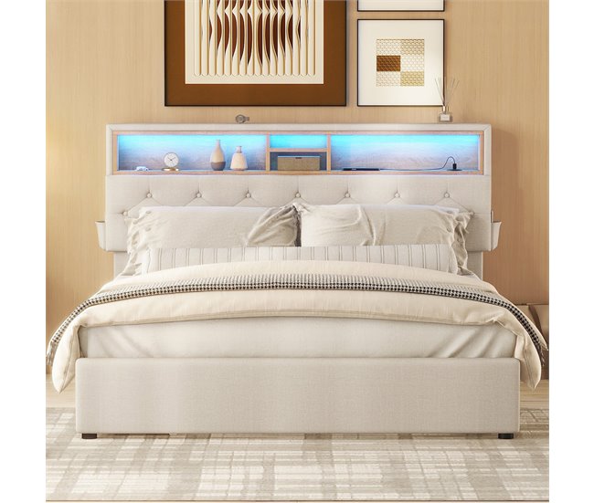 Conforama Cama 140x200 Cm En Tejido De Lino - Con LED Puerto USB Y 4 Cajones - Cabecero Regulable - Beige