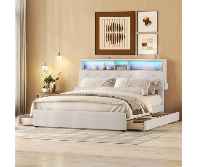 Conforama Cama 140x200 Cm En Tejido De Lino - Con LED Puerto USB Y 4 Cajones - Cabecero Regulable - Beige