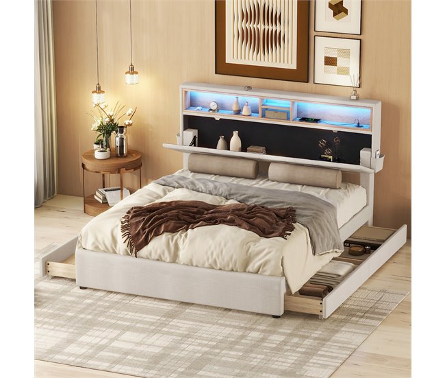 Conforama Cama 140x200 Cm En Tejido De Lino - Con LED Puerto USB Y 4 Cajones - Cabecero Regulable - Beige
