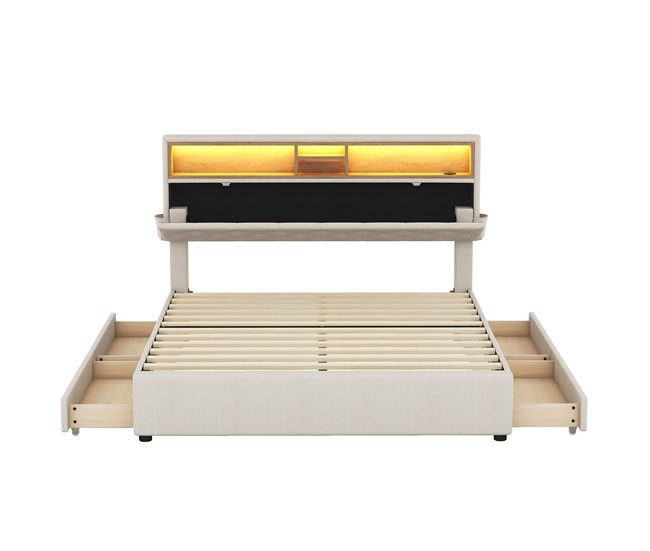 Conforama Cama 140x200 cm en tejido de lino - con LED puerto USB y 4 cajones - cabecero regulable - Beige
