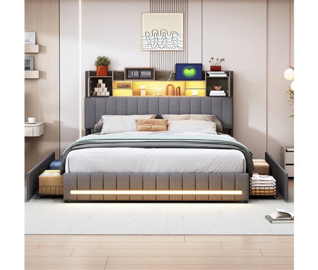Conforama Cama 140x200 Cm USB Tipo C LED Canapé Cama Juvenil Con 4 Cajones Cama Funcional Lino Gris