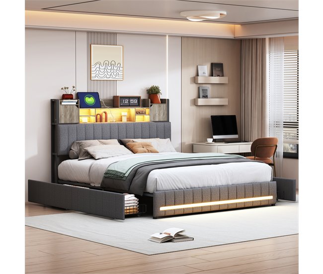 Conforama Cama 140x200 Cm USB Tipo C LED Canapé Cama Juvenil Con 4 Cajones Cama Funcional Lino Gris
