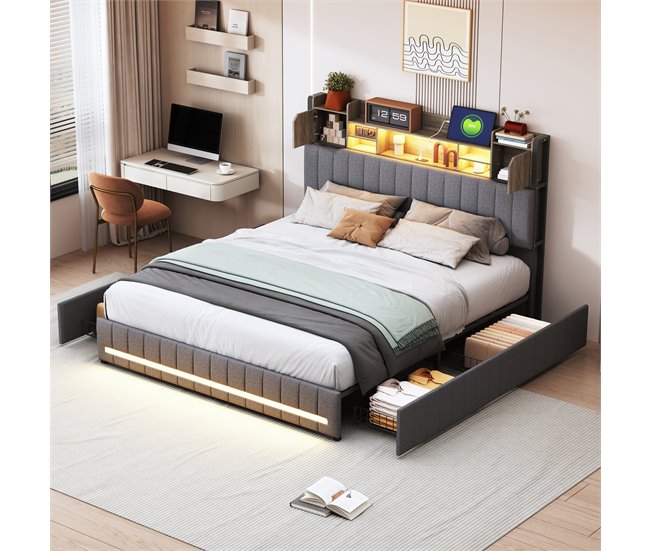 Conforama Cama 140x200 Cm USB Tipo C LED Canapé Cama Juvenil Con 4 Cajones Cama Funcional Lino Gris