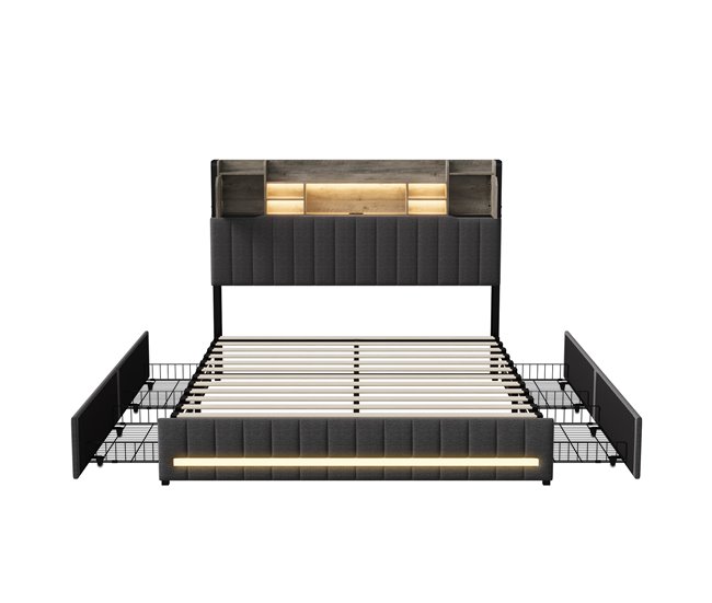 Conforama Cama 140x200 cm USB tipo C LED canapé cama juvenil con 4 cajones cama funcional lino gris