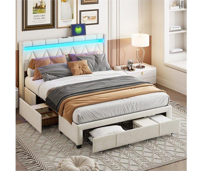 Conforama Cama 140x200 Con Cabecero LED Puerto USB Tipo C Canapé Con 4 Espacios De Almacenaje Cajones Lino Beige