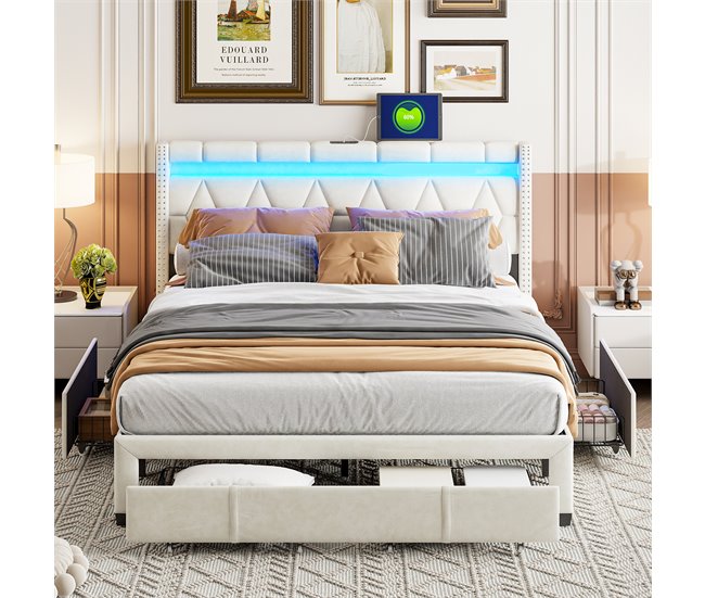 Conforama Cama 140x200 Con Cabecero LED Puerto USB Tipo C Canapé Con 4 Espacios De Almacenaje Cajones Lino Beige