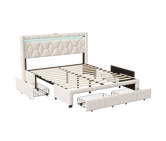 Conforama Cama 140x200 con cabecero LED puerto USB Tipo C canapé con 4 espacios de almacenaje cajones lino beige
