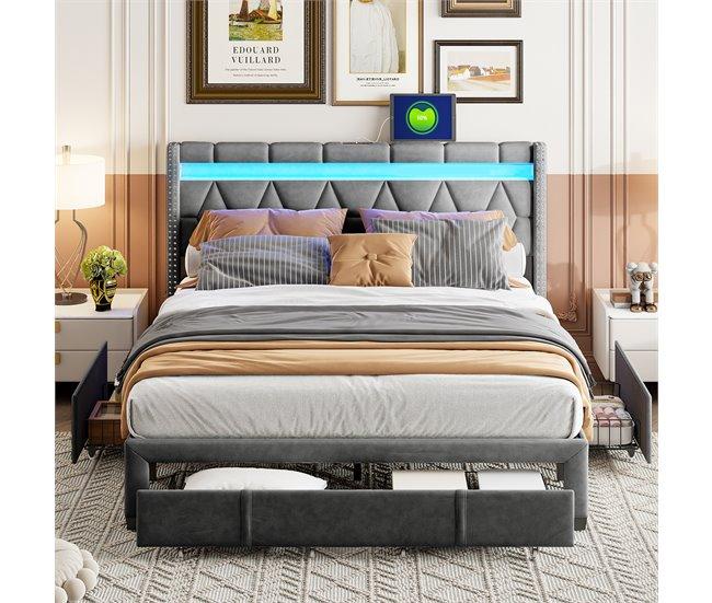 Conforama Cama 140x200 LED USB Canapé Cajones Cama Con Somier Cama Box Ropa De Cama Gris
