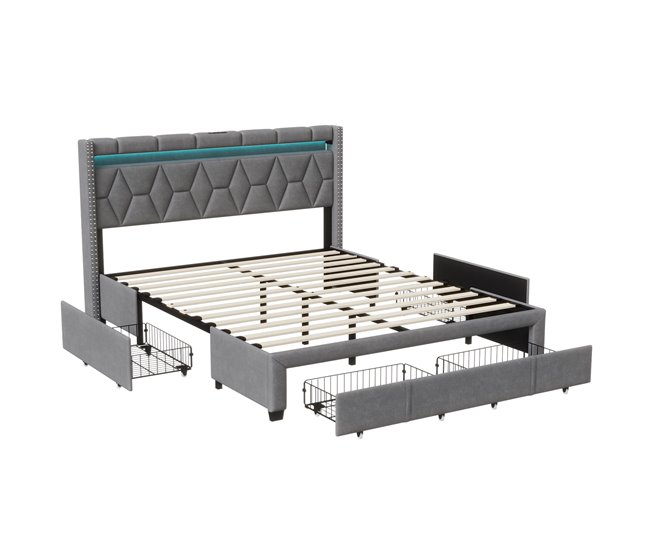 Conforama Cama 140x200 LED USB canapé cajones cama con somier cama box ropa de cama gris