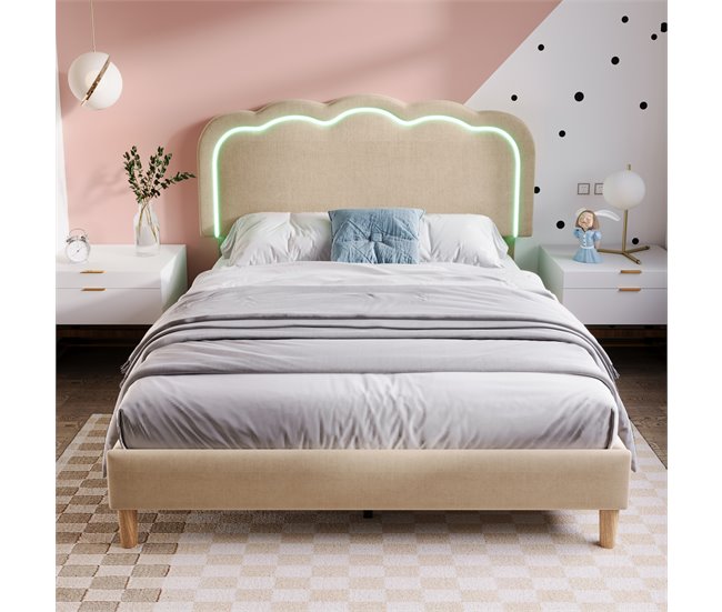 Conforama Cama 140x200 Tapizada En Lino - Con LED Y Somier - Beige