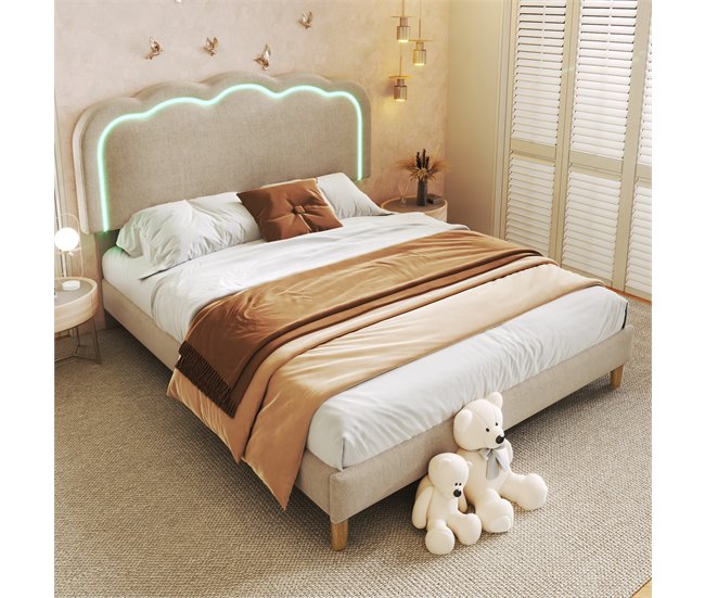 Conforama Cama 140x200 Tapizada En Lino - Con LED Y Somier - Beige