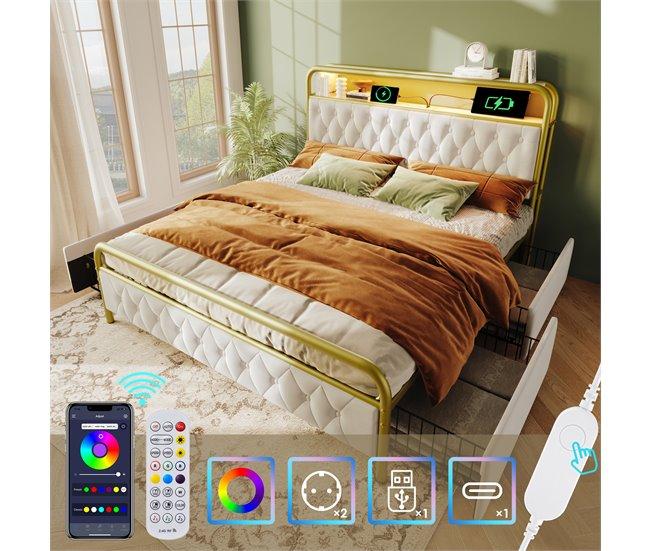 Conforama Cama 140x200cm Con Cajones + LED + Puertos De Carga - Tapizado En Terciopelo - Con Somier De Metal - Beige