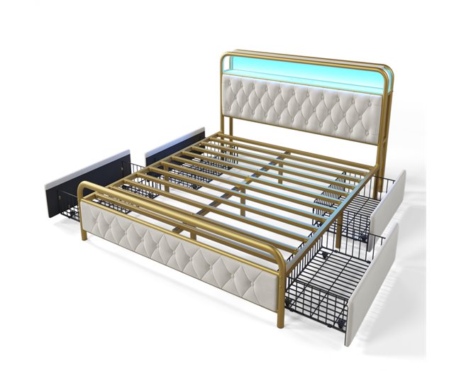 Conforama Cama 140x200cm con cajones + LED + Puertos de carga - tapizado en terciopelo - con somier de metal - Beige