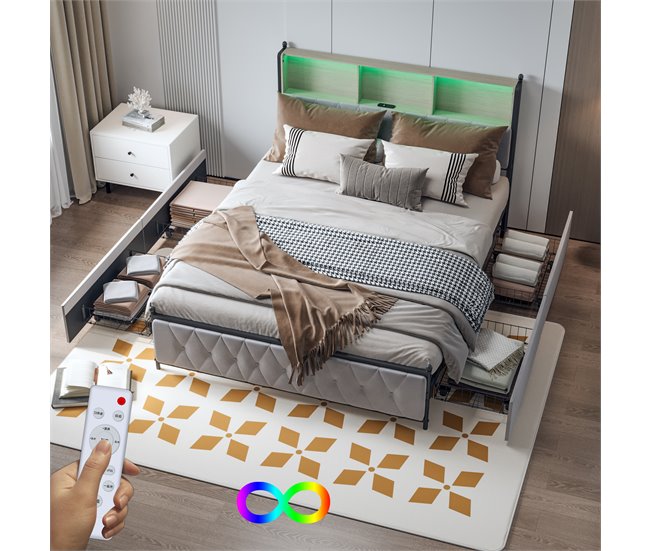 Conforama Cama 160 X 200 Cm Con Iluminación LED Y Carga USB Cama Para 2 Personas Con 4 Cajones Y Gran Espacio De Almacenamiento Cama Tapizada En Terciopelo Beige