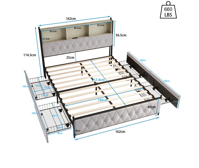 Conforama Cama 160 X 200 Cm Con Iluminación LED Y Carga USB Cama Para 2 Personas Con 4 Cajones Y Gran Espacio De Almacenamiento Cama Tapizada En Terciopelo Beige