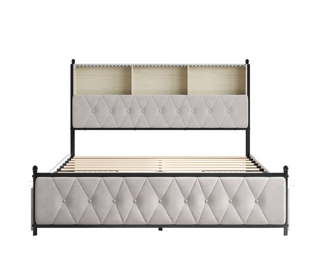 Conforama Cama 160 X 200 Cm Con Iluminación LED Y Carga USB Cama Para 2 Personas Con 4 Cajones Y Gran Espacio De Almacenamiento Cama Tapizada En Terciopelo Beige