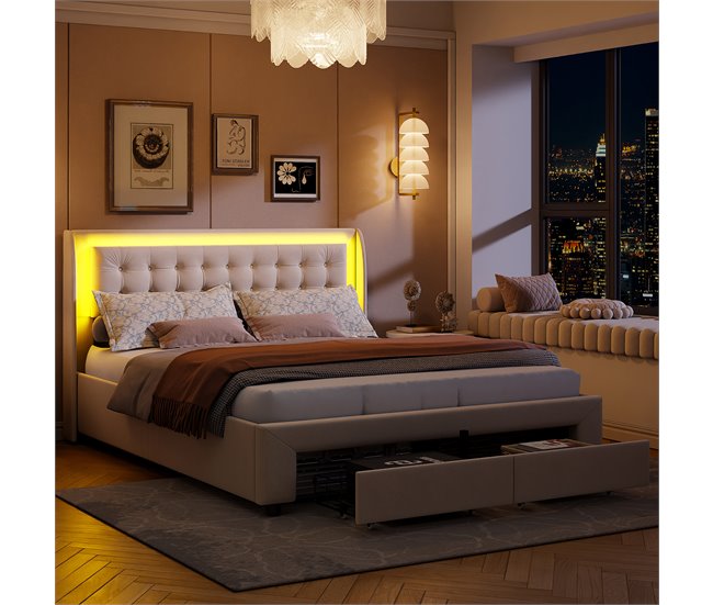 Conforama Cama 160x200 Cm 2 Cajones Cama Con Somier Hidráulico Con LED Cama Plana Cama Con Almacenaje Terciopelo Beige