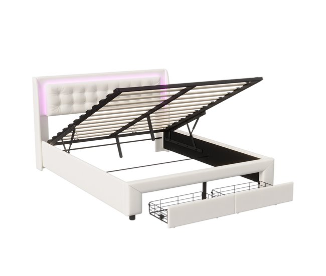 Conforama Cama 160x200 Cm 2 Cajones Cama Con Somier Hidráulico Con LED Cama Plana Cama Con Almacenaje Terciopelo Beige