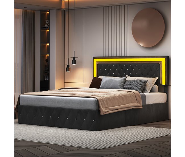 Conforama Cama 160x200 Cm Con LED Y Almacenamiento Cabecero Ajustable Cama Hidráulica Canapé Terciopelo Negro Diseño Moderno Y Práctico
