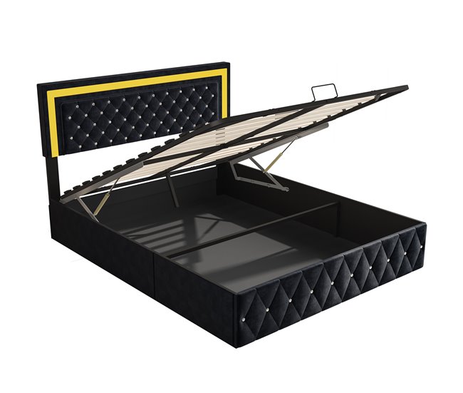 Conforama Cama 160x200 cm con LED y almacenamiento cabecero ajustable cama hidráulica canapé terciopelo negro diseño moderno y práctico