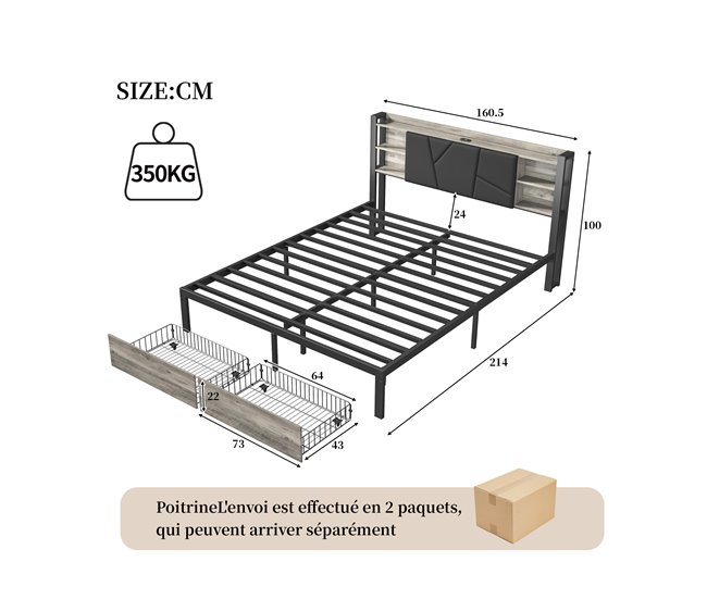 Conforama Cama 160x200 Cm Con USB Y 2 Cajones Cabecero Acolchado En PU Estructura De Metal Y Madera Cama Doble Con Iluminación LED Sin Colchón