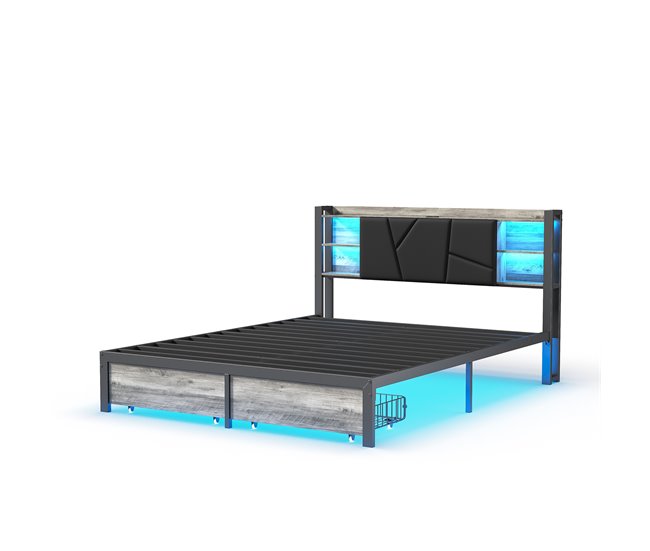 Conforama Cama 160x200 cm con USB y 2 cajones cabecero acolchado en PU estructura de metal y madera cama doble con iluminación LED sin colchón