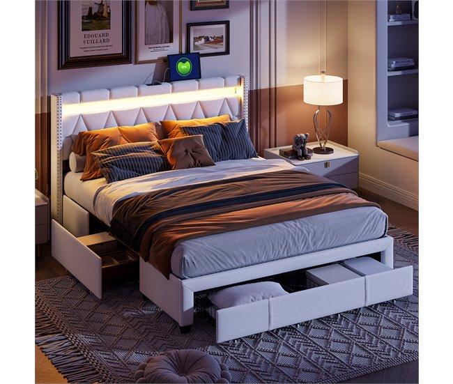 Conforama Cama 160x200 Con Cabecero LED Puerto USB Tipo C Canapé Con 4 Espacios De Almacenaje Cajones Lino Beige