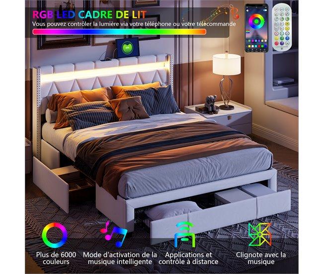 Conforama Cama 160x200 Con Cabecero LED Puerto USB Tipo C Canapé Con 4 Espacios De Almacenaje Cajones Lino Beige