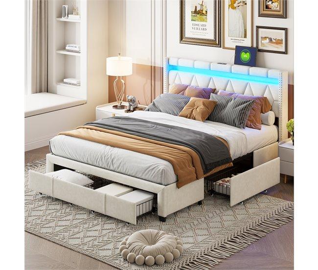 Conforama Cama 160x200 Con Cabecero LED Puerto USB Tipo C Canapé Con 4 Espacios De Almacenaje Cajones Lino Beige