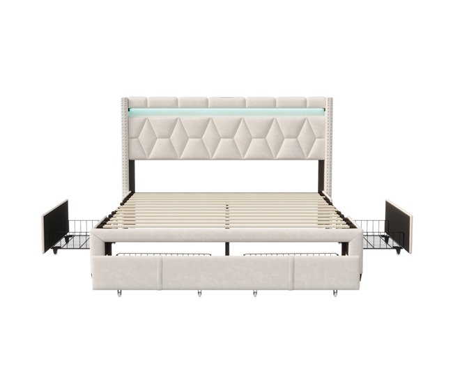Conforama Cama 160x200 con cabecero LED puerto USB Tipo C canapé con 4 espacios de almacenaje cajones lino beige