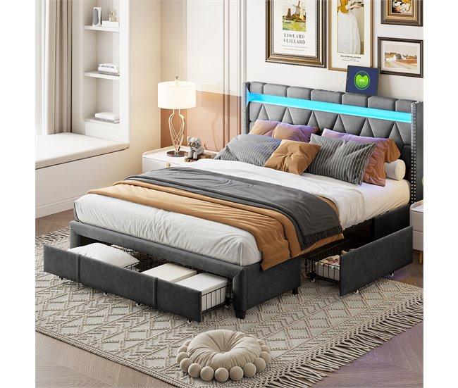 Conforama Cama 160x200 LED USB Canapé Cajones Cama Con Somier Cama Box Ropa De Cama Gris