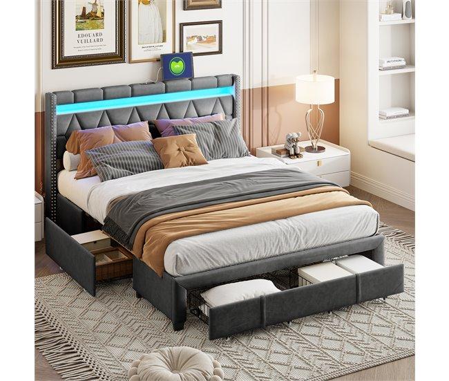 Conforama Cama 160x200 LED USB Canapé Cajones Cama Con Somier Cama Box Ropa De Cama Gris