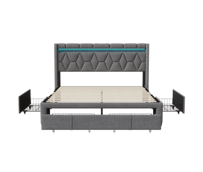 Conforama Cama 160x200 LED USB canapé cajones cama con somier cama box ropa de cama gris