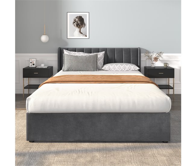 Conforama Cama 160x200cm Con 2 Cajones - Tapizada En Terciopelo - Estilo Moderno - Gris