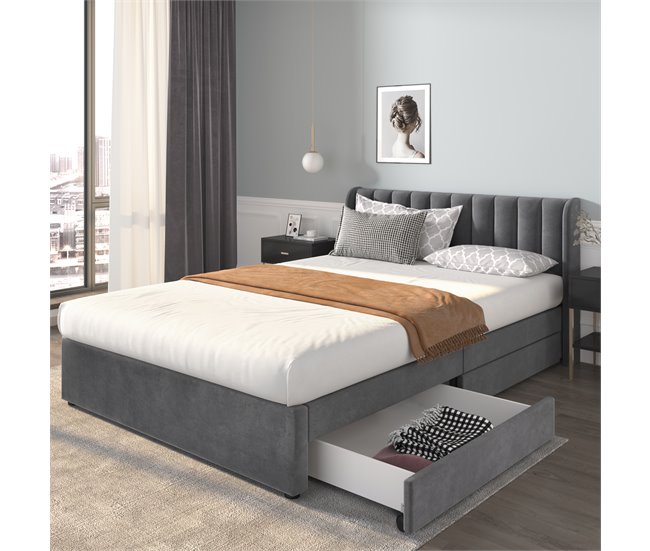Conforama Cama 160x200cm Con 2 Cajones - Tapizada En Terciopelo - Estilo Moderno - Gris