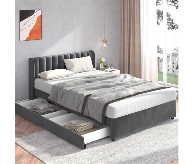 Conforama Cama 160x200cm Con 2 Cajones - Tapizada En Terciopelo - Estilo Moderno - Gris