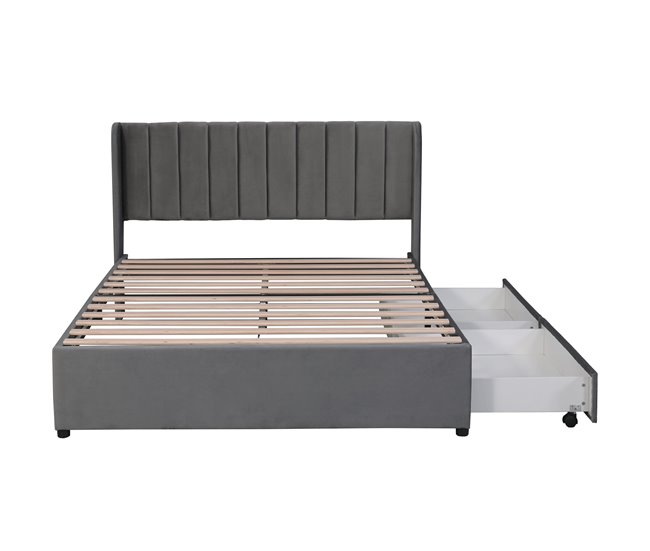 Conforama Cama 160x200cm con 2 cajones - tapizada en terciopelo - estilo moderno - Gris