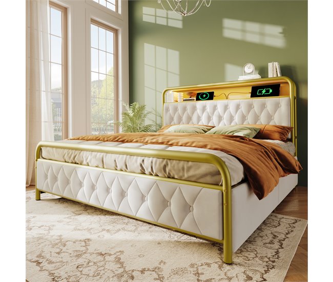 Conforama Cama 160x200cm Con Cajones + LED + Puertos De Carga - Tapizado En Terciopelo - Con Somier De Metal - Beige