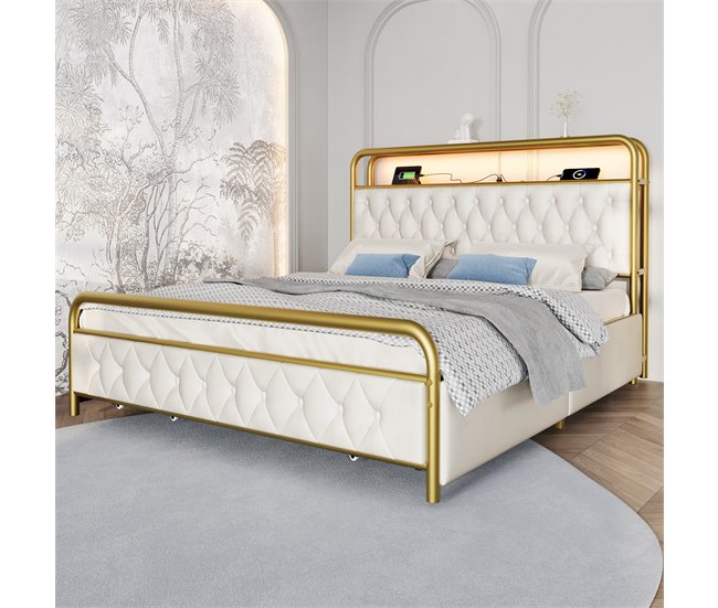 Conforama Cama 160x200cm Con Cajones + LED + Puertos De Carga - Tapizado En Terciopelo - Con Somier De Metal - Beige