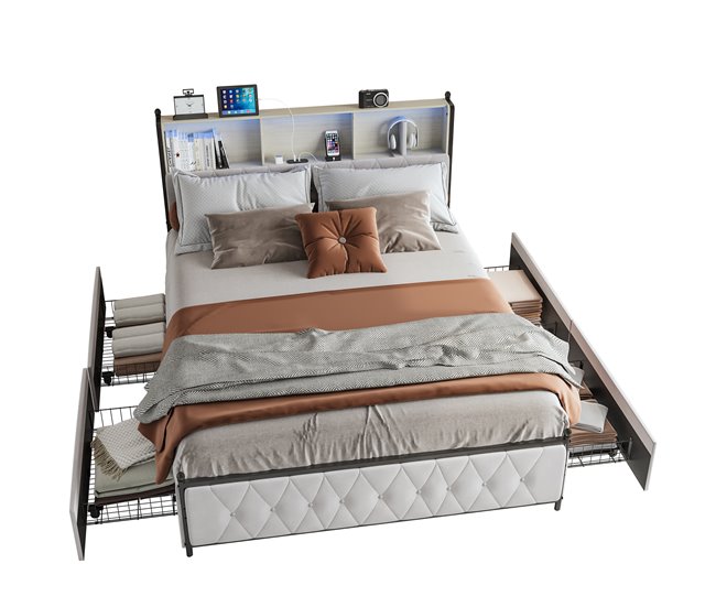 Conforama Cama 180 x 200 cm con iluminación LED y carga USB Cama para 2 personas con 4 cajones y gran espacio de almacenamiento Cama tapizada en terciopelo Beige