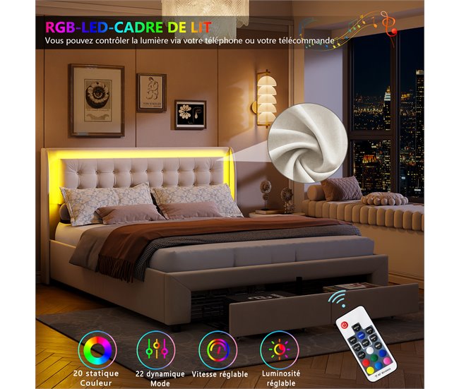 Conforama Cama 180x200 Cm 2 Cajones Cama Con Somier Hidráulico Con LED Cama Plana Cama Con Almacenaje Terciopelo Beige