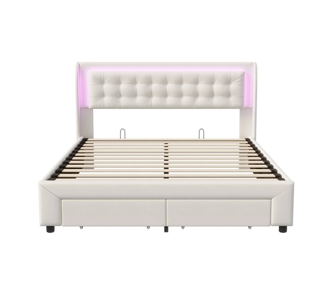 Conforama Cama 180x200 cm 2 cajones cama con somier hidráulico con LED cama plana cama con almacenaje terciopelo beige