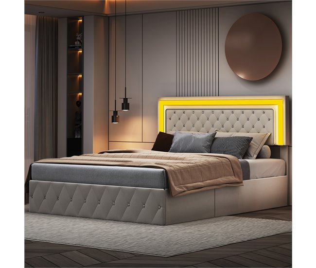 Conforama Cama 180x200 Cm Con LED Y Almacenamiento Cabecero Ajustable Cama Hidráulica Canapé Terciopelo Beige Diseño Moderno Y Práctico