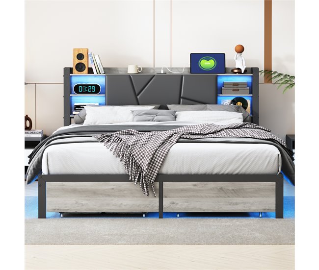 Conforama Cama 180x200 Cm Con USB Y 2 Cajones Cabecero Acolchado En PU Estructura De Metal Y Madera Cama Doble Con Iluminación LED Sin Colchón