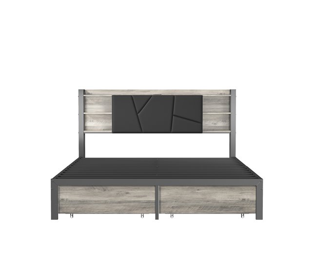 Conforama Cama 180x200 Cm Con USB Y 2 Cajones Cabecero Acolchado En PU Estructura De Metal Y Madera Cama Doble Con Iluminación LED Sin Colchón