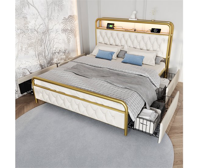 Conforama Cama 180x200cm Con Cajones + LED + Puertos De Carga - Tapizado En Terciopelo - Con Somier De Metal - Beige